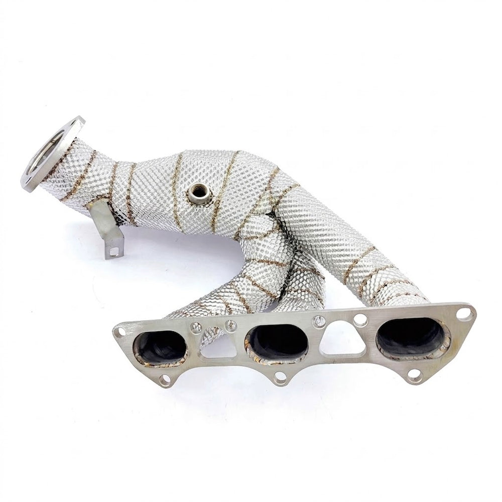 Porsche 718 Cayman GT4 RS 4.0L 304 stainless steel racing exhaust header with heat shield close-up
