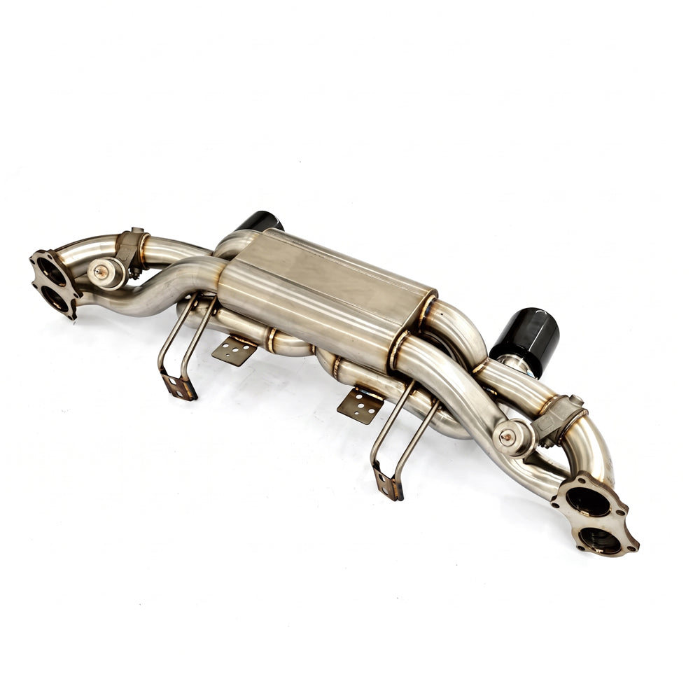 Porsche 718 Cayman GT4 4.0L stainless steel valved axleback exhaust side view