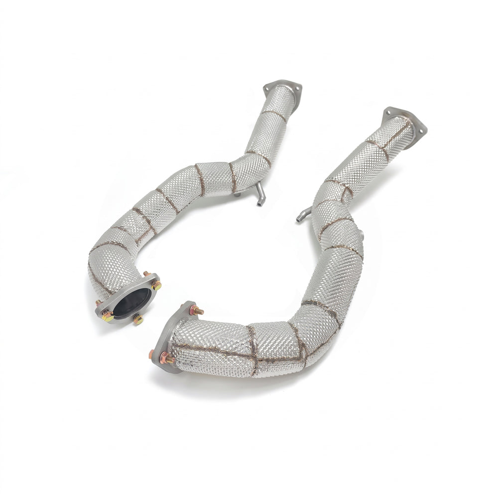 Porsche 718 GT4 RS and Spyder RS SS304 over-axle link pipes with heat shielding angled view