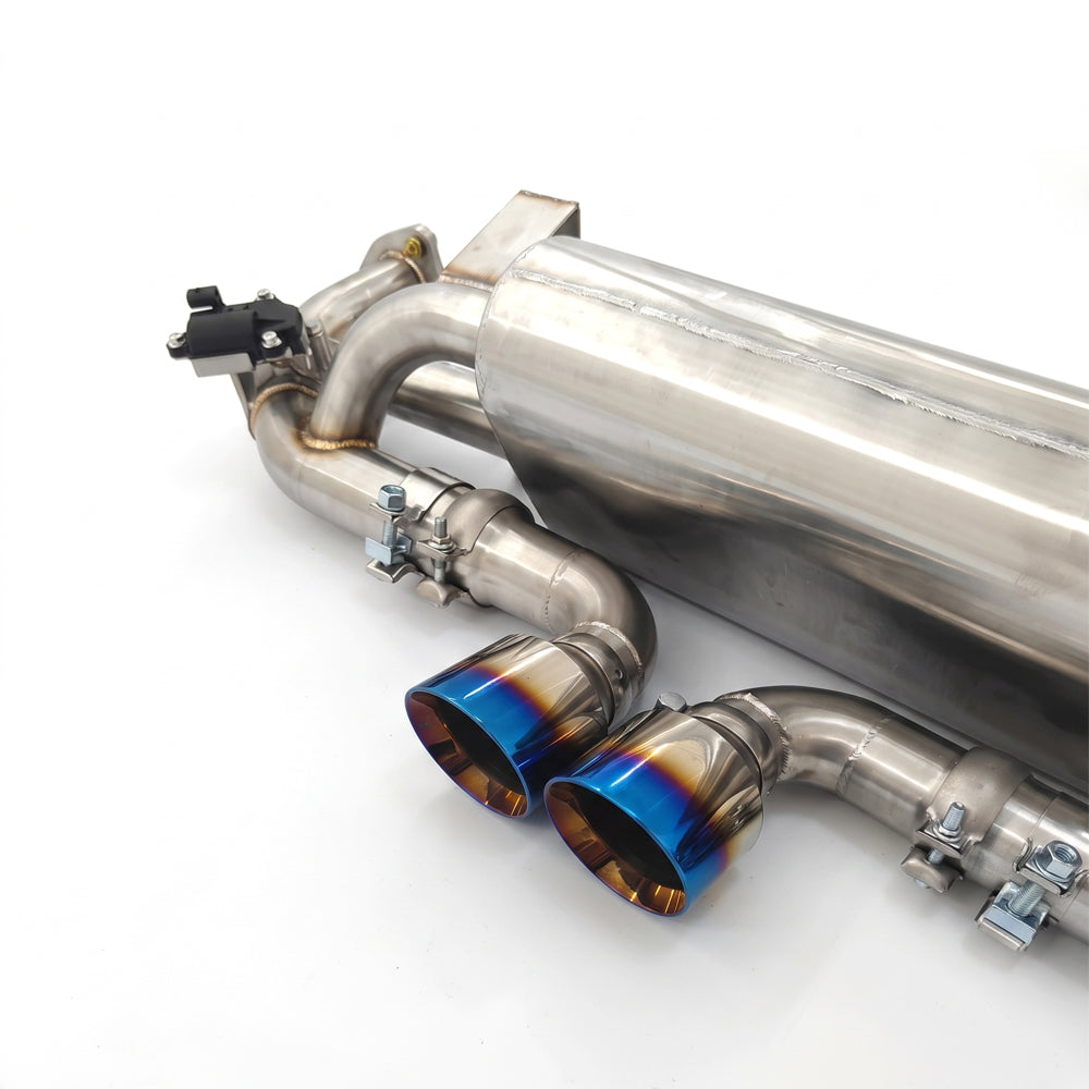 Porsche 911 991.1 GTS 3.8L valved catback exhaust with blue flame tips close-up