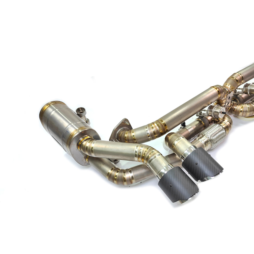 Porsche 911 991.1 titanium valved exhaust with quad exhaust tips close-up