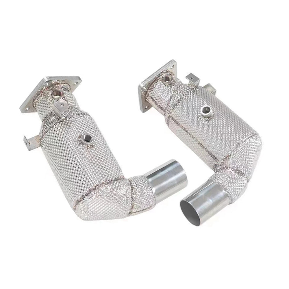 Pair of 200-cell catted downpipes with heat shields for Porsche 911 991.2 Carrera and Targa 3.0T