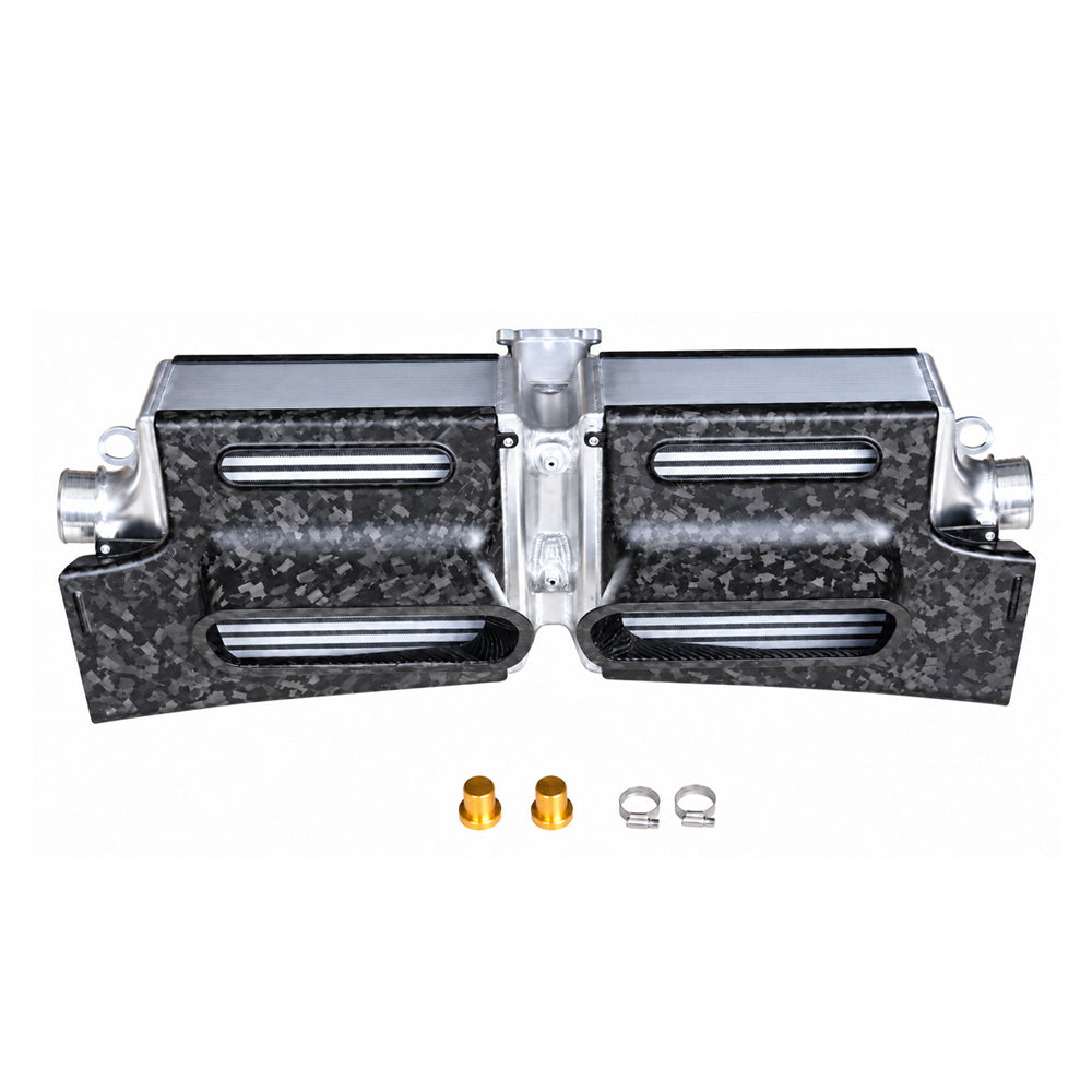 Porsche 992 Turbo S billet performance intercooler kit with carbon fiber shield and installation hardware