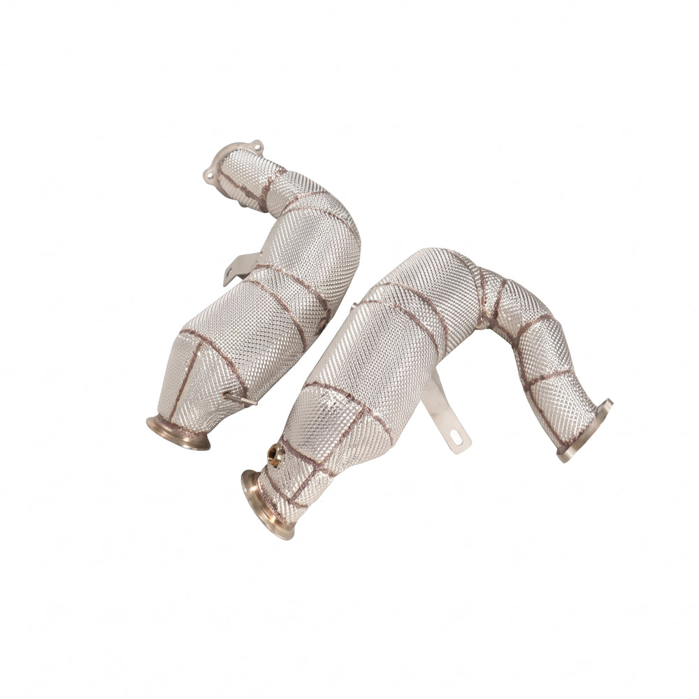 Porsche Macan 95B.1 catless performance downpipes with thermal heat wrap angled view