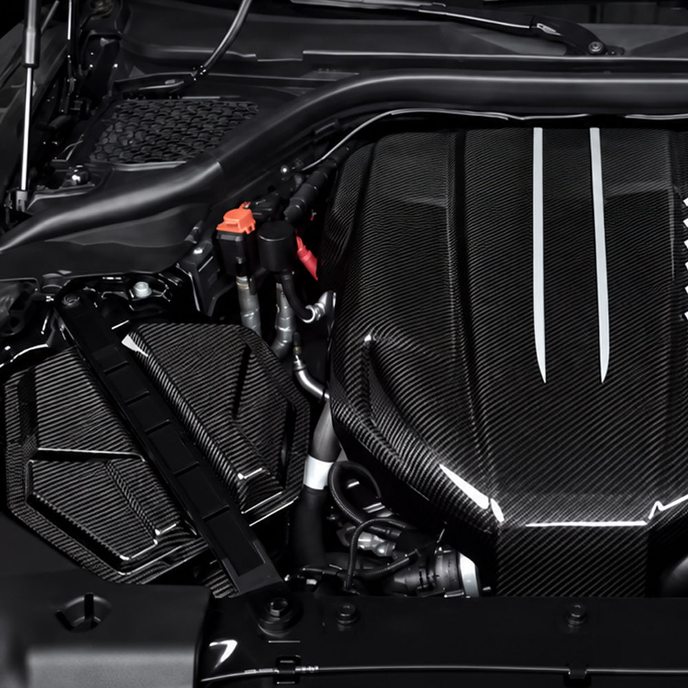 Toyota Supra A90 B58 carbon fiber cold air intake system installed in the engine bay