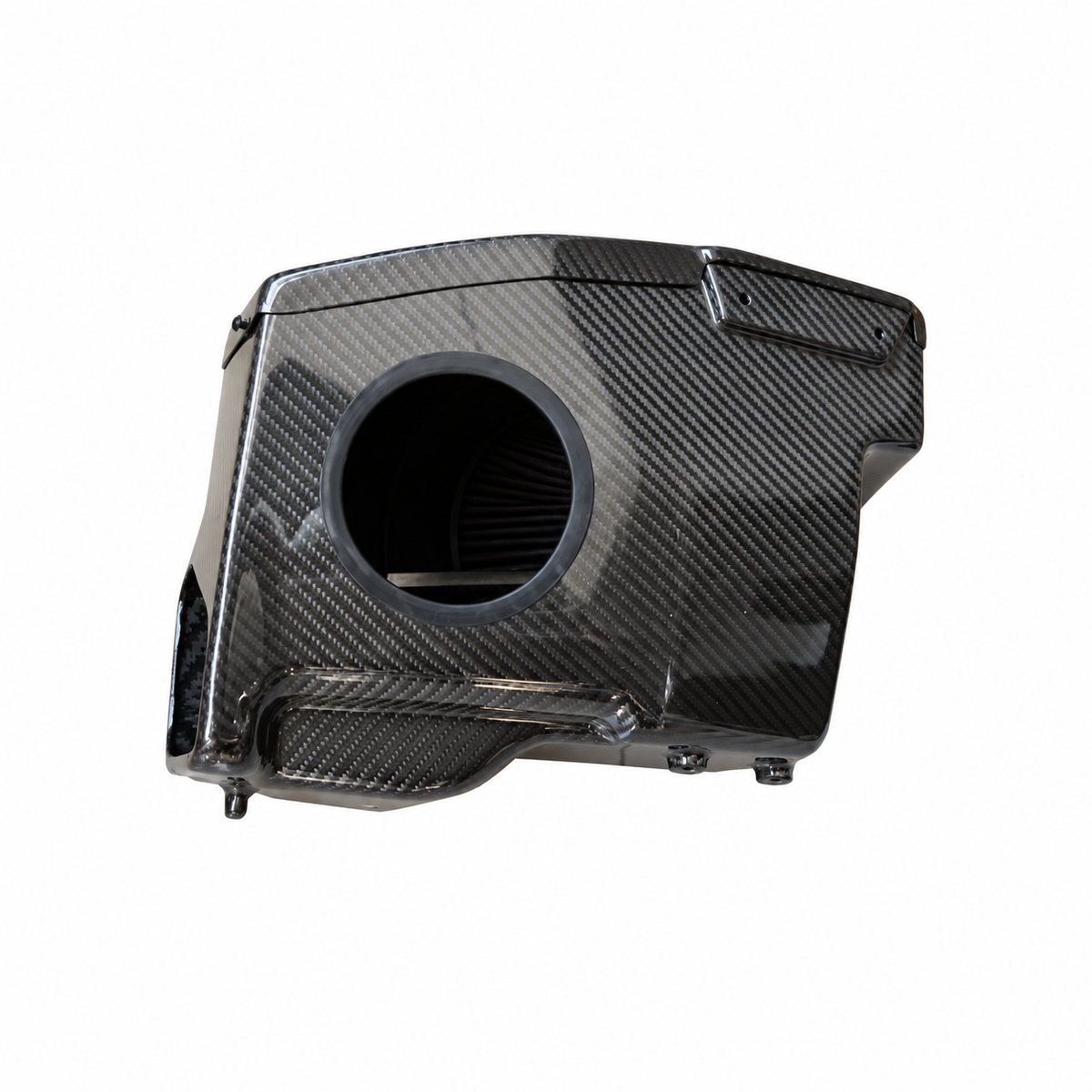 Toyota Supra A90 B58 carbon fiber intake airbox rear view with large intake opening and mounting points