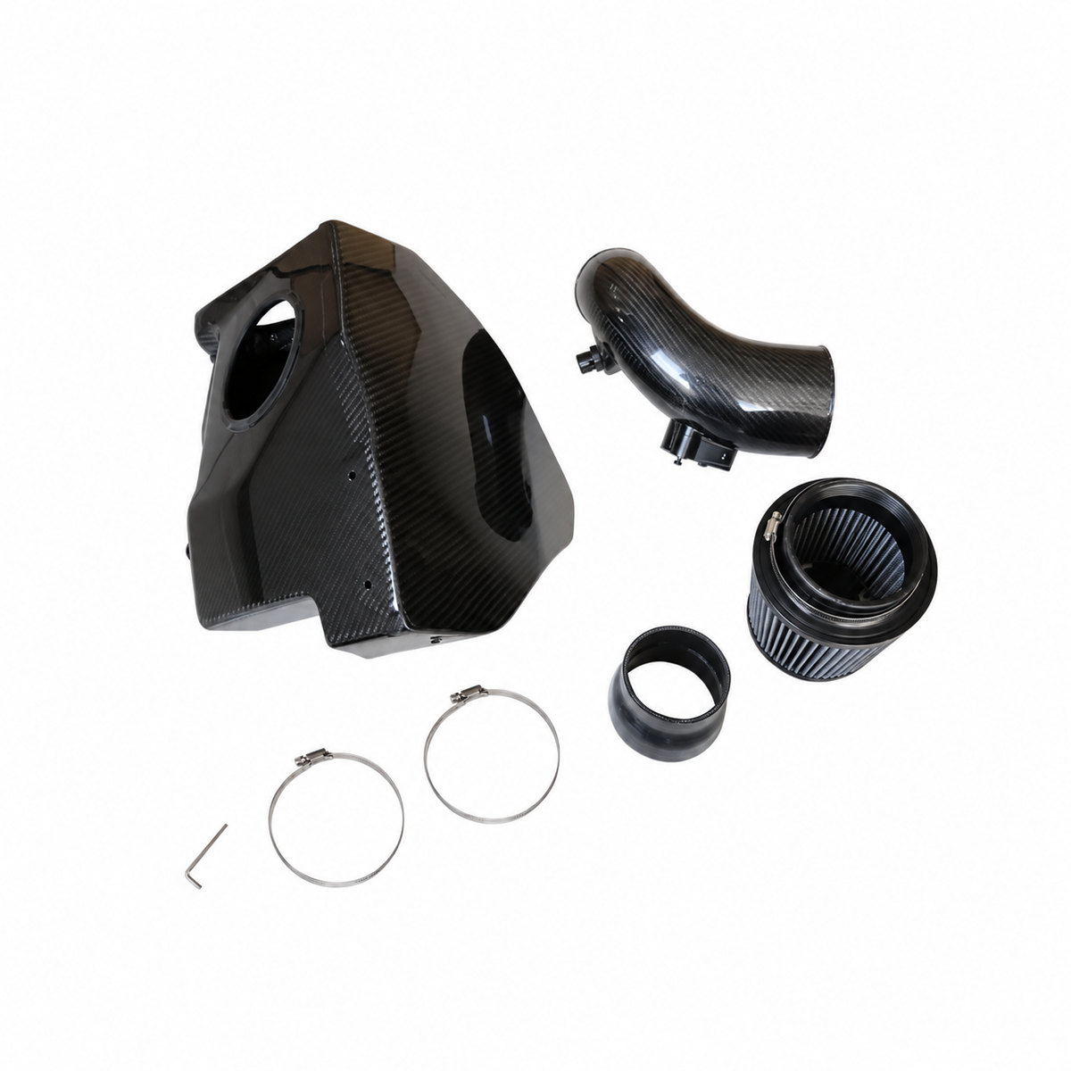 Toyota Supra A90 B58 carbon fiber intake kit angled view with airbox intake pipe high-flow filter and connection hardware