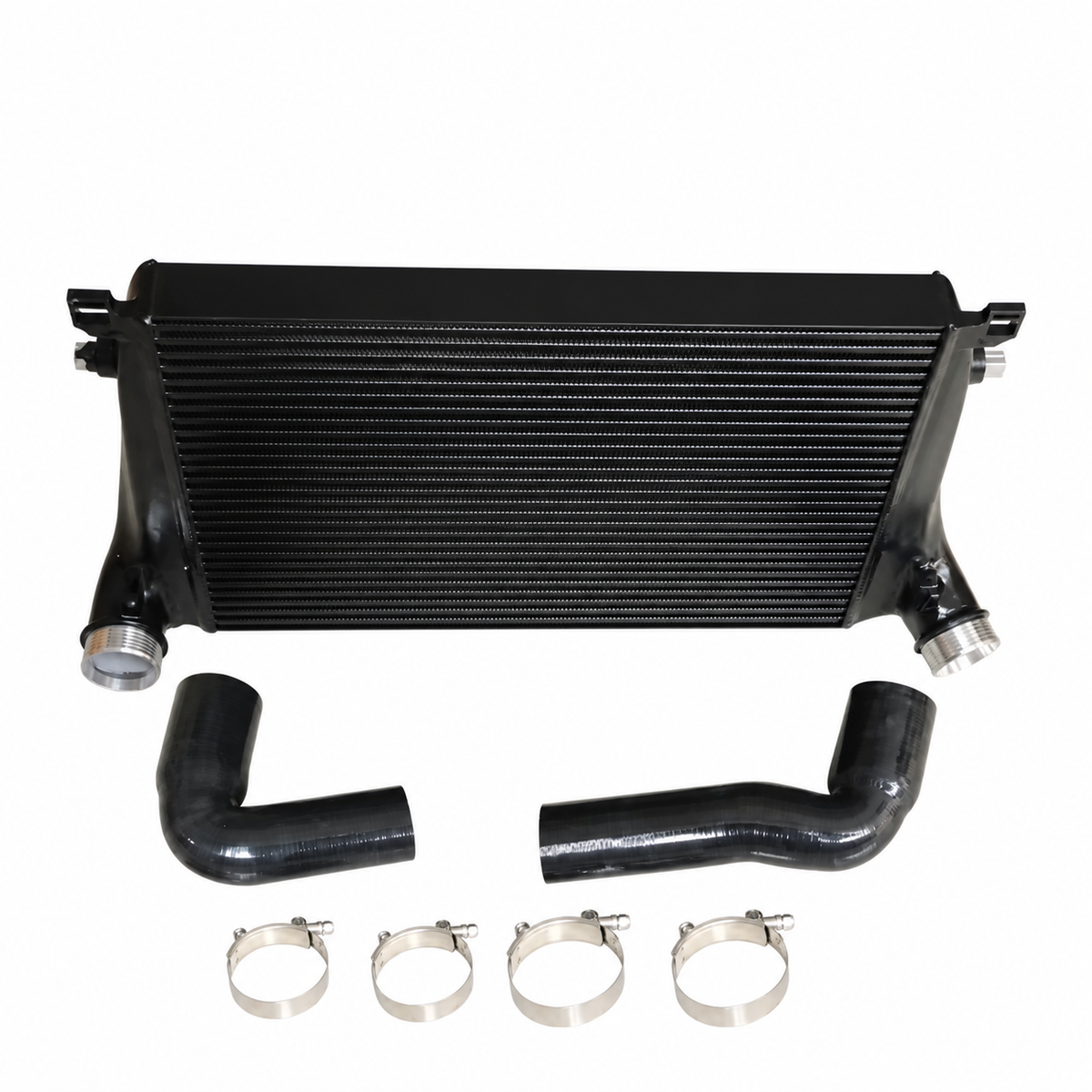 VW Audi MQB Evo performance intercooler complete kit with black charge air hoses and clamps