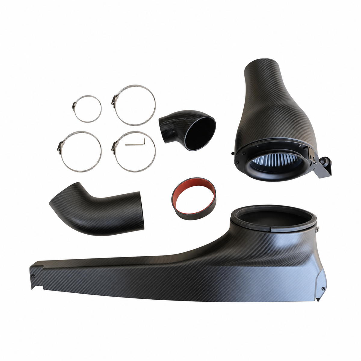 VW Golf GTI MK8 matte carbon fiber intake system layout with intake housing high-flow filter couplers and clamps