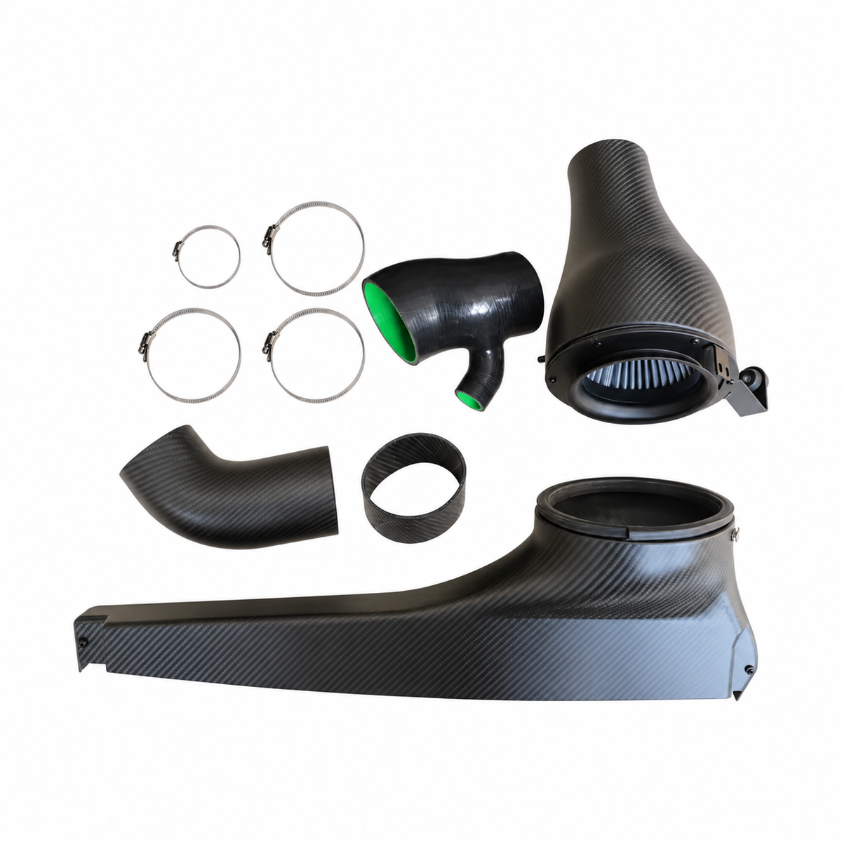 VW Golf R MK8 matte carbon fiber intake complete kit with intake housing duct filter clamps and connection components