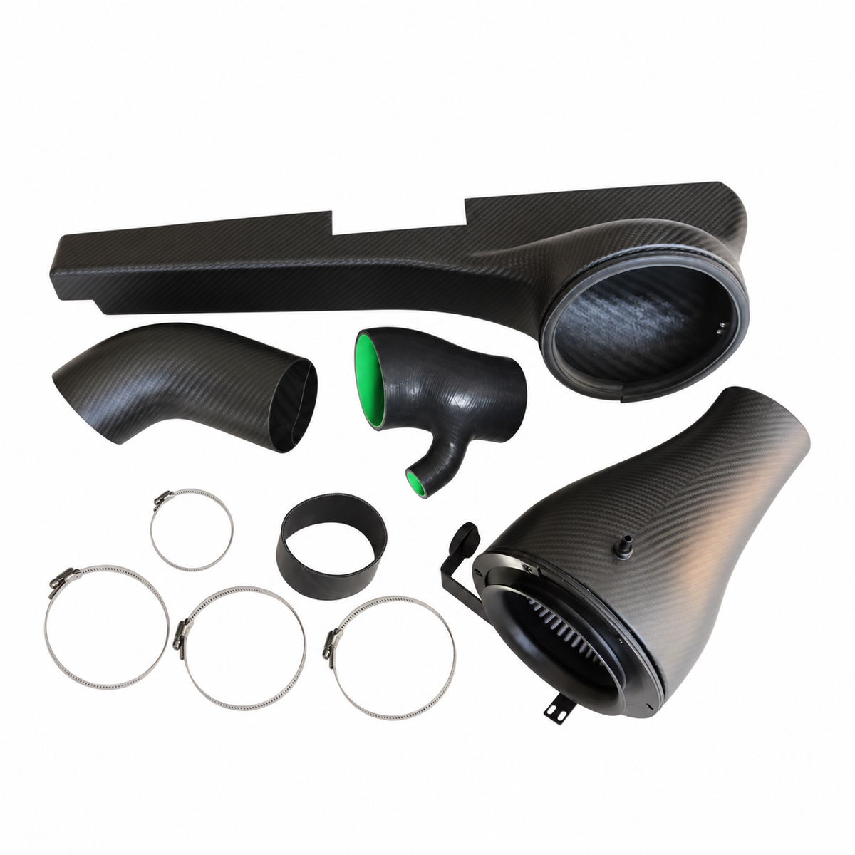 VW Golf R MK8 matte carbon fiber intake components with airbox duct filter couplers and clamps