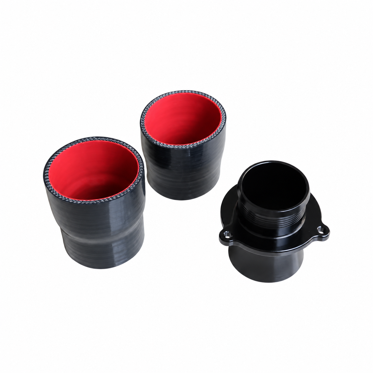 Audi 2.0T charge pipe silicone couplers and aluminum connection adapter detail