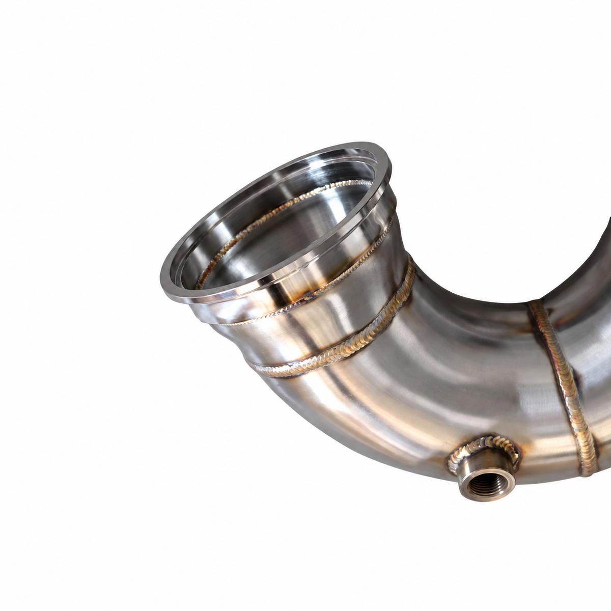 Audi 2.5 TFSI catless downpipe turbo flange sensor port and weld detail