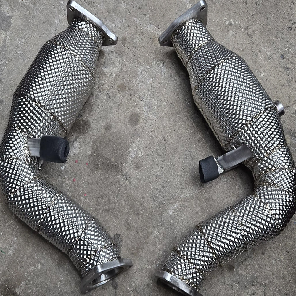 Audi 3.0 TFSI SS304 catted downpipes with heat shield detail