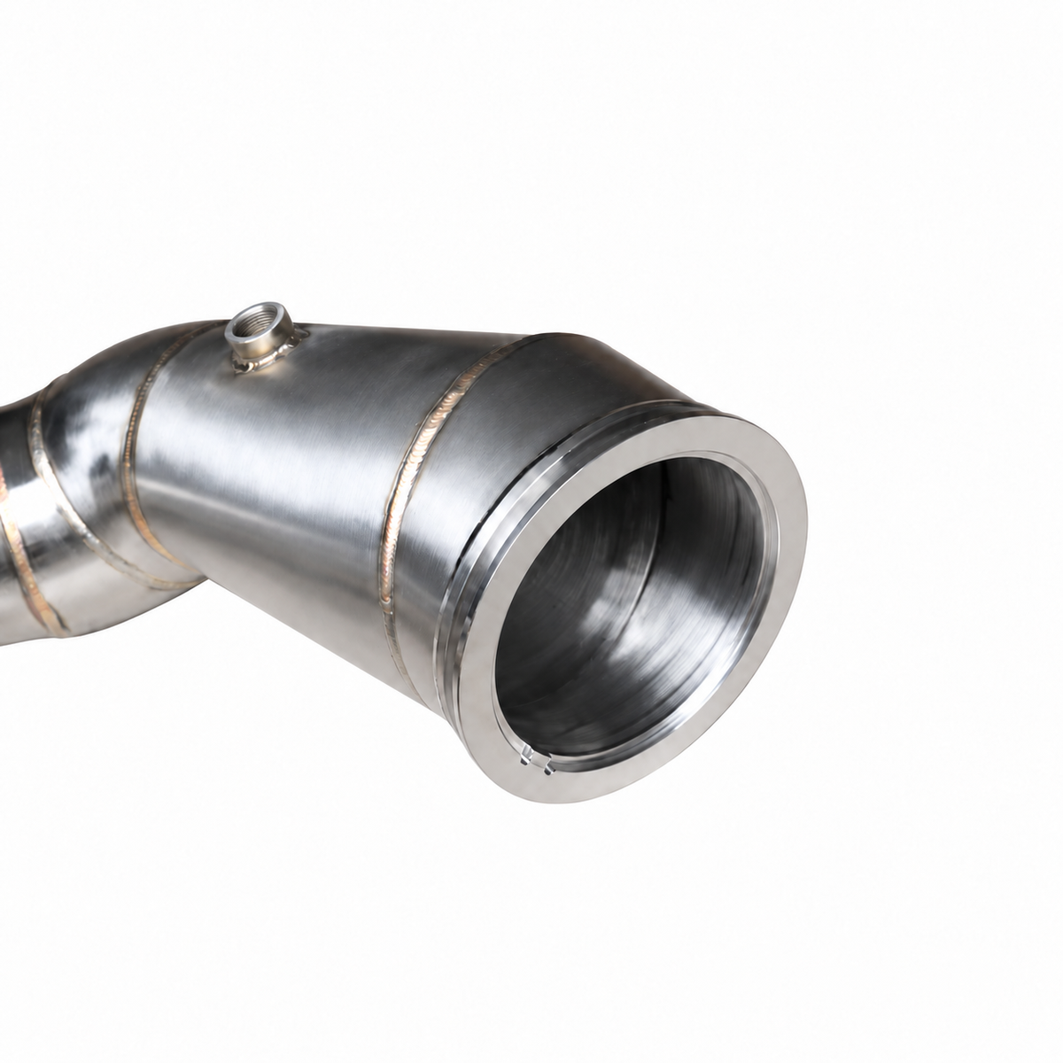 Audi 4.0 TFSI catless downpipe turbo flange and stainless steel weld detail