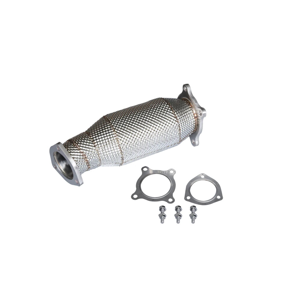 Audi B9 2.0 TFSI catted downpipe with heat shield three-quarter view