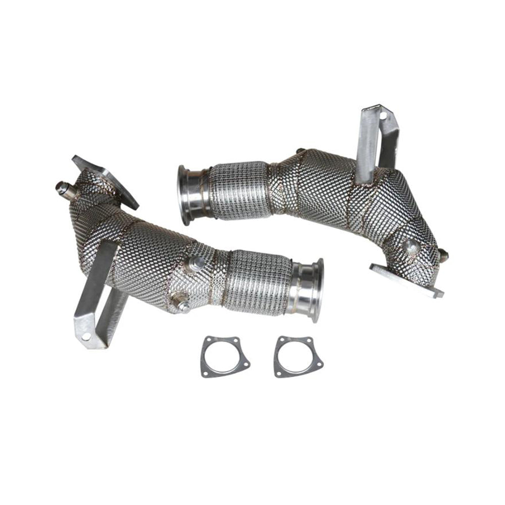 Audi R8 V10 5.2 200 cell catted downpipes with heat shields angle view