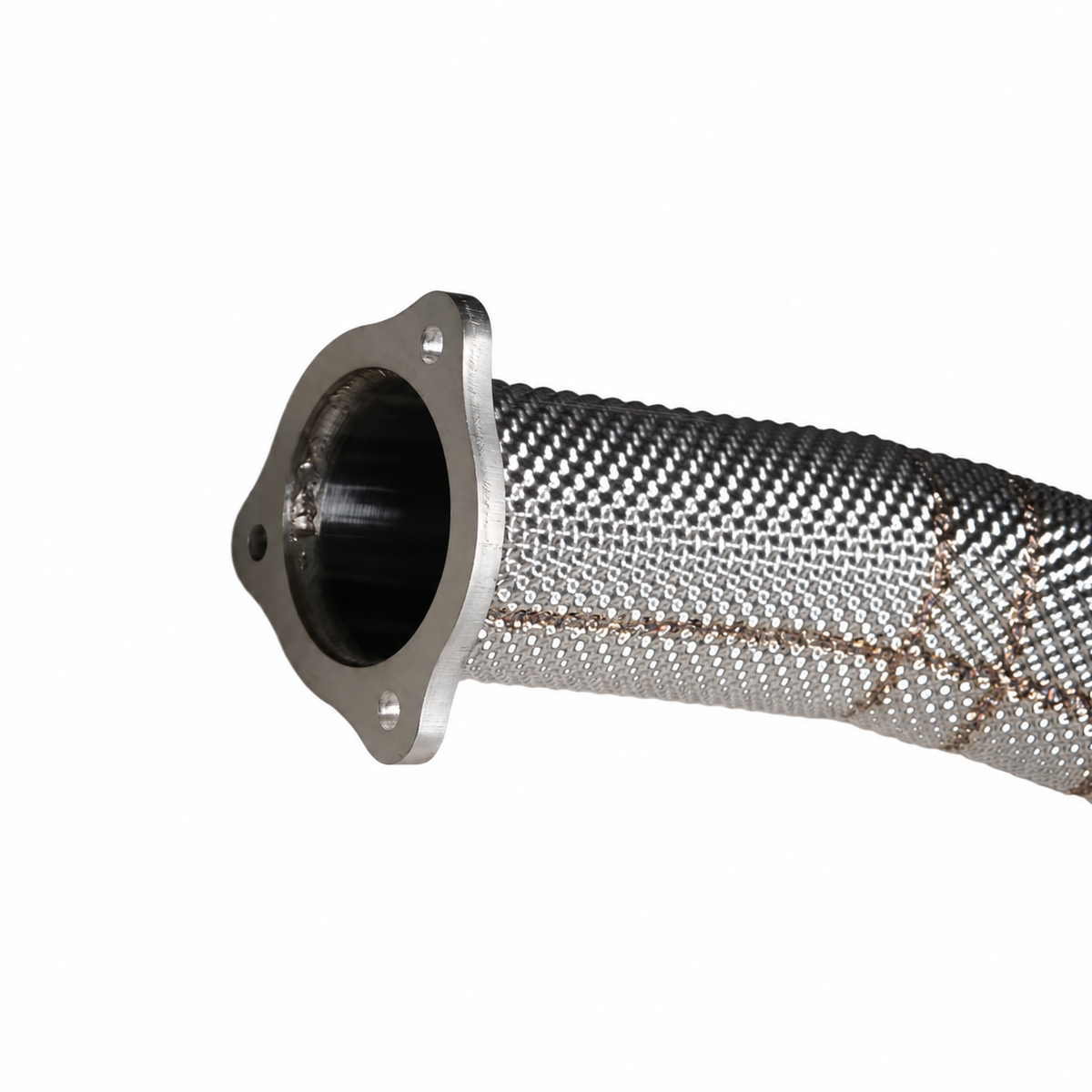 Audi RS4 RS5 2.9 TFSI catted downpipe exhaust flange and heat shield detail