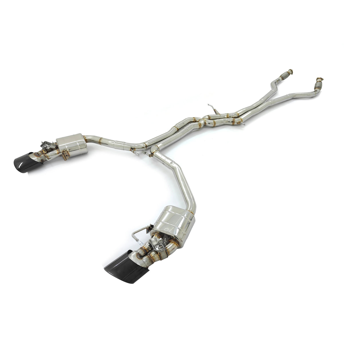 Audi RS6 C7 and RS7 C7 4.0T valved performance exhaust system angle view with rear mufflers and tips