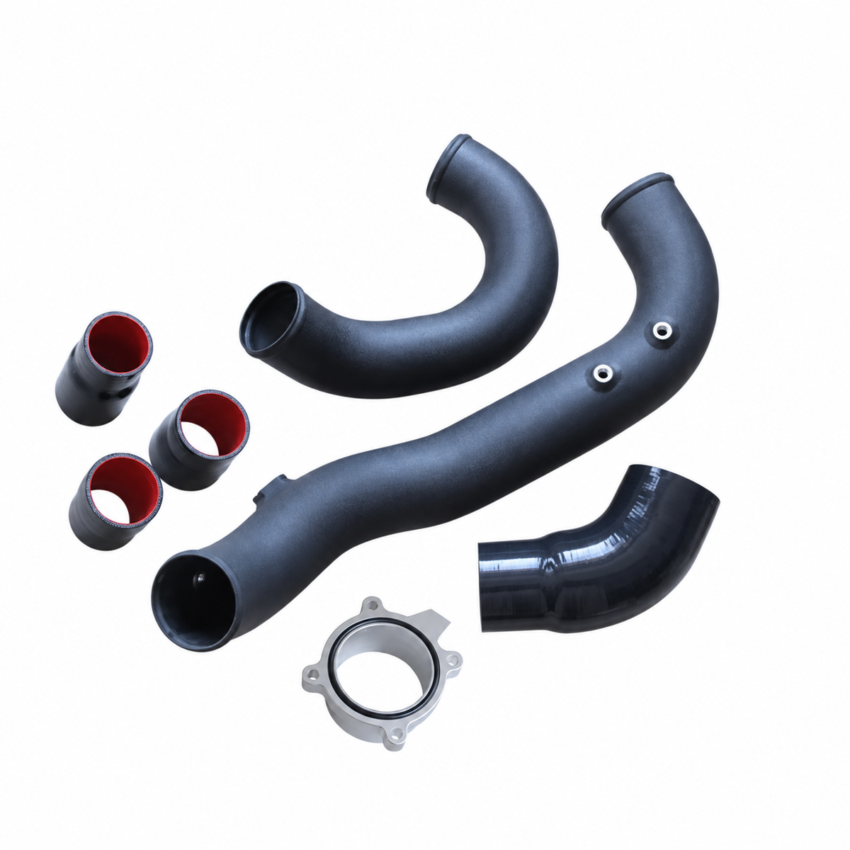 Audi S4 S5 EA839 black aluminum charge and boost pipe set with red silicone couplers and mounting flange