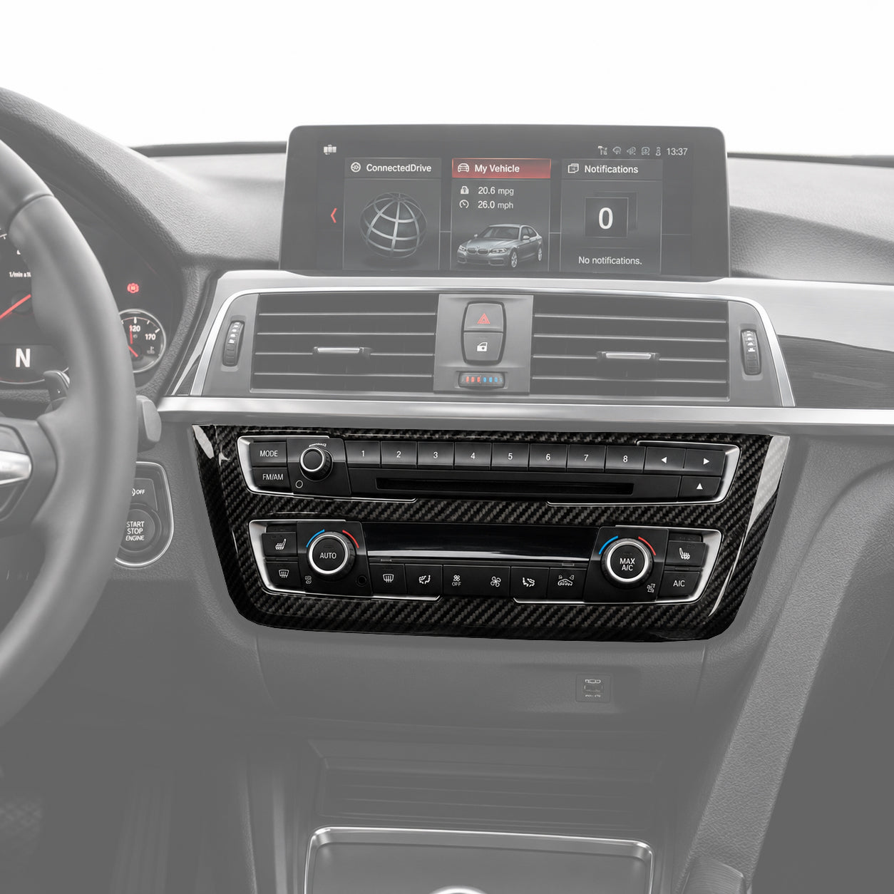 BMW F30 F34 F32 F80 F82 carbon fiber interior control panel trim installed