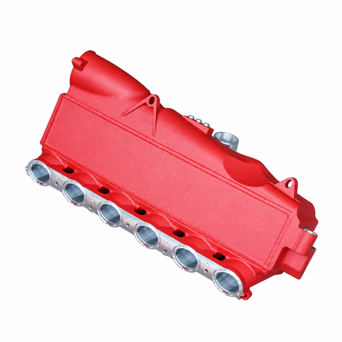 BMW B58 Gen 2 red billet port injection intake manifold angled view with machined intake ports