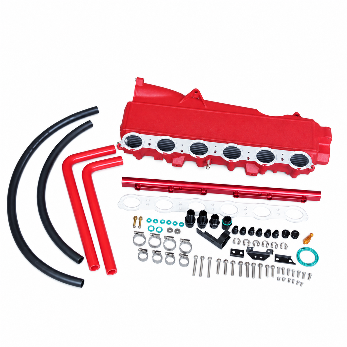 BMW B58 Gen 2 red billet aluminum port injection intake manifold kit with fittings hoses seals and installation hardware