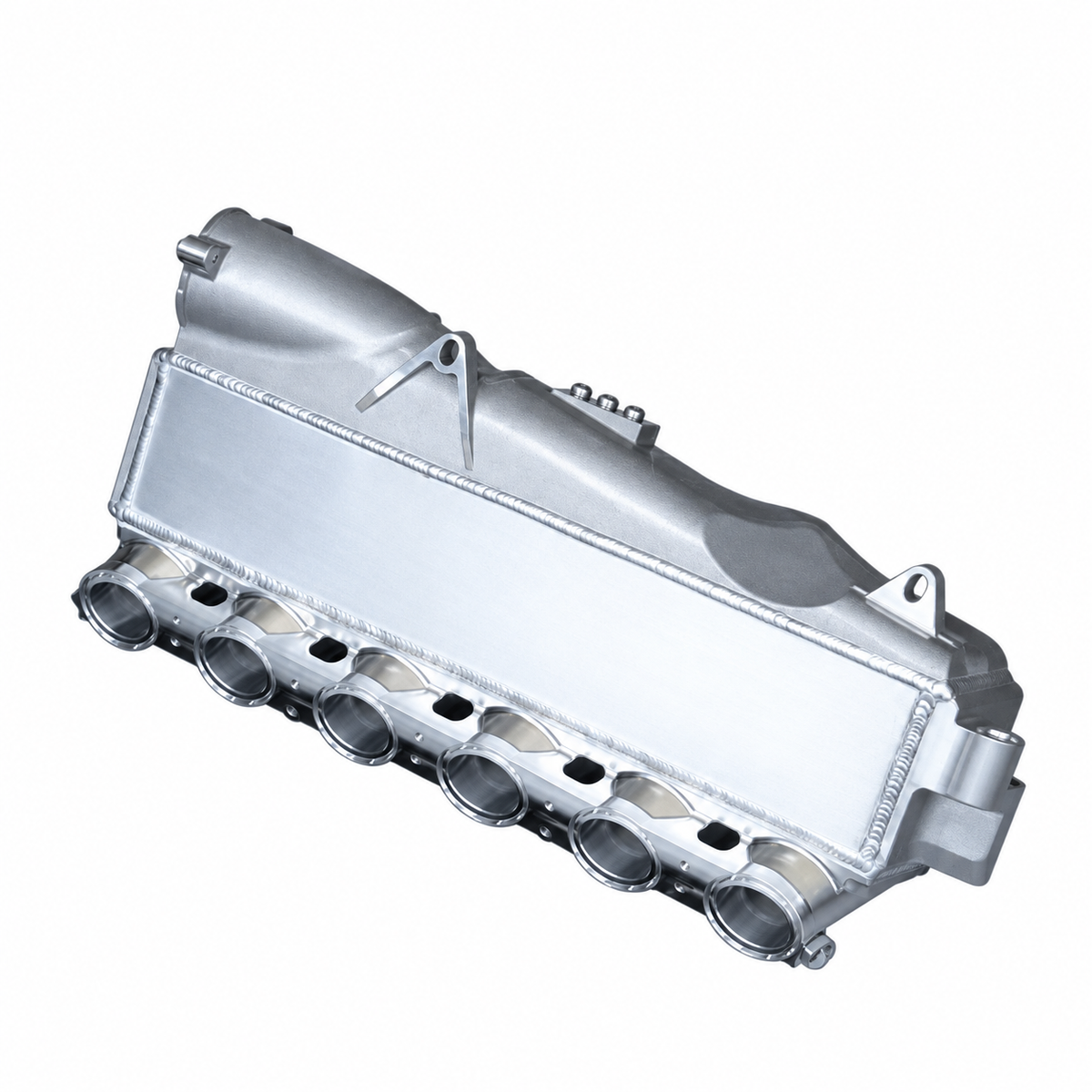 BMW B58 Gen 2 silver billet aluminum port injection intake manifold angled view