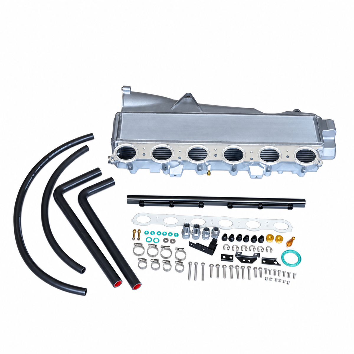 BMW B58 Gen 2 silver billet port injection intake manifold kit with fittings hoses seals and installation hardware