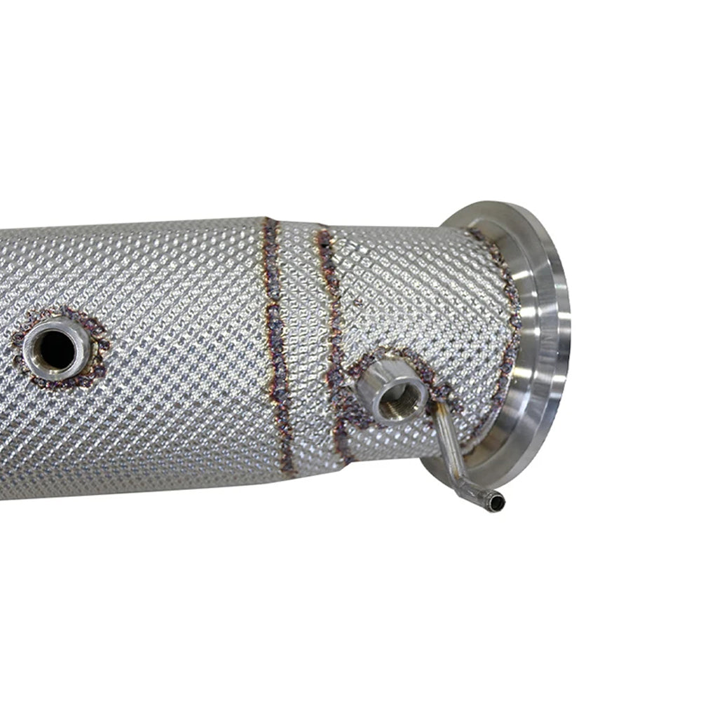 BMW B58 OPF catless downpipe with heat shield oxygen sensor ports and turbo flange