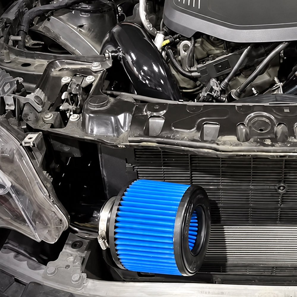 BMW F-Chassis B58 front mount cold air intake installed with high-flow filter positioned behind the front grille