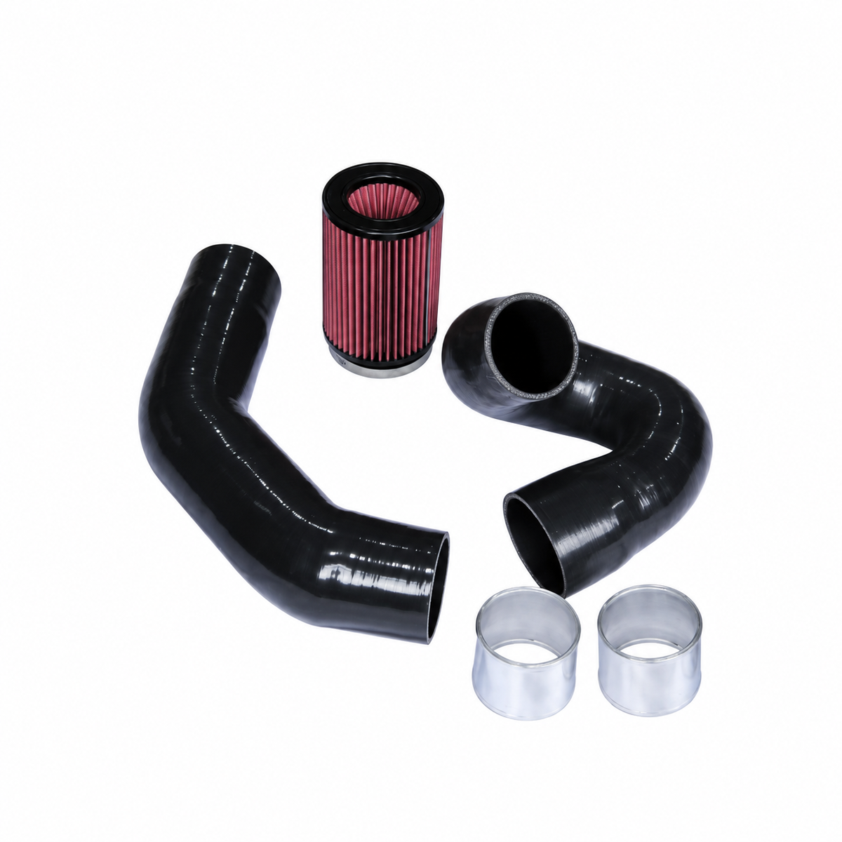BMW F-Chassis B58 front mount cold air intake kit with black silicone intake hoses and red high-flow air filter