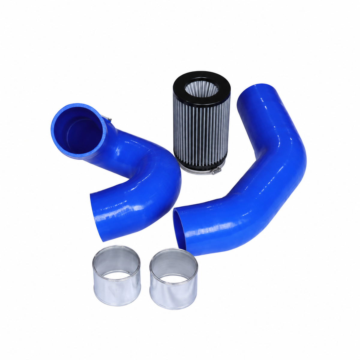BMW F-Chassis B58 front mount cold air intake kit with blue silicone intake hoses and high-flow air filter
