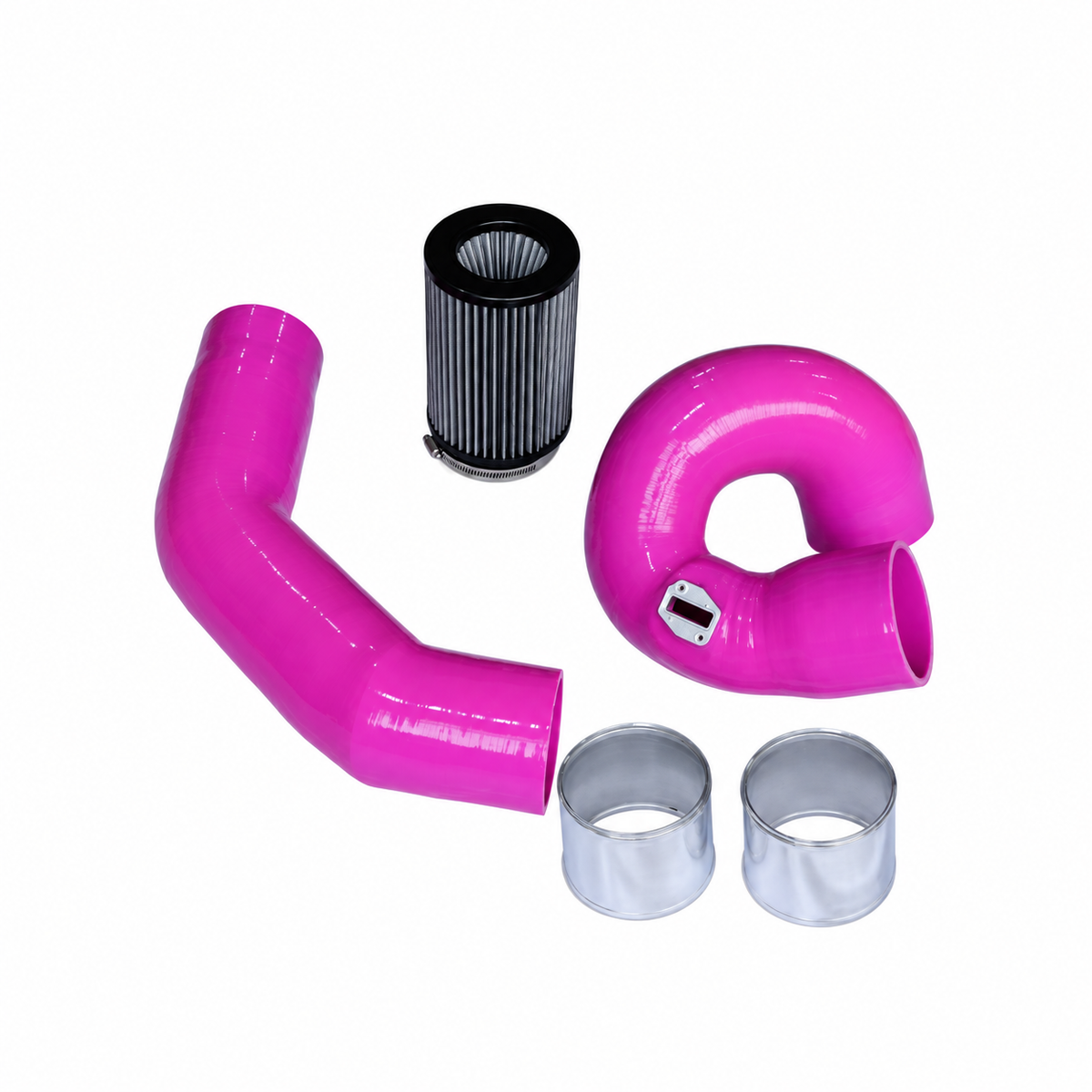 BMW F-Chassis B58 front mount cold air intake kit with pink silicone intake hoses and high-flow air filter