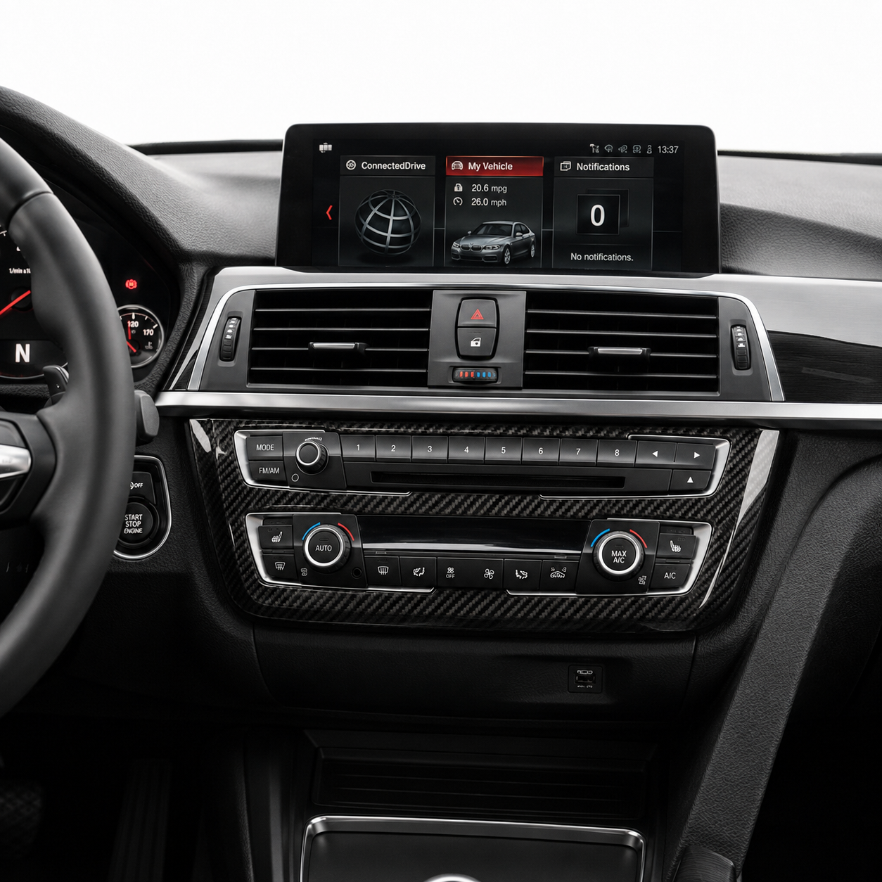 BMW 3 Series and 4 Series carbon fiber AC and media control panel trim interior