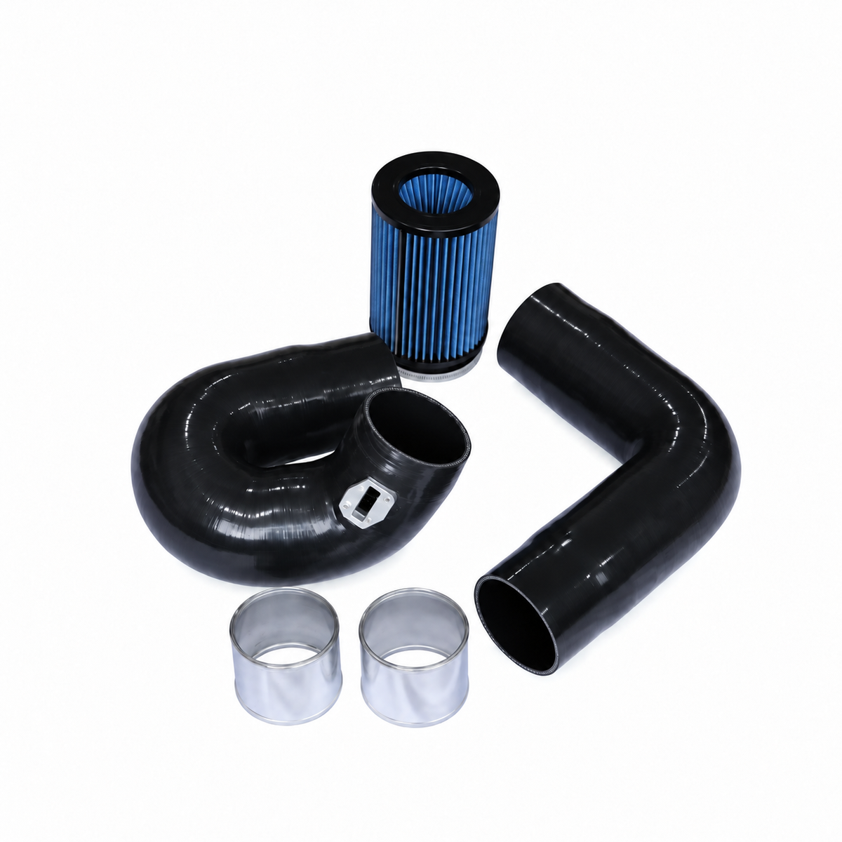 BMW G-Chassis B58 front mount cold air intake kit with black silicone intake hoses and blue high-flow air filter