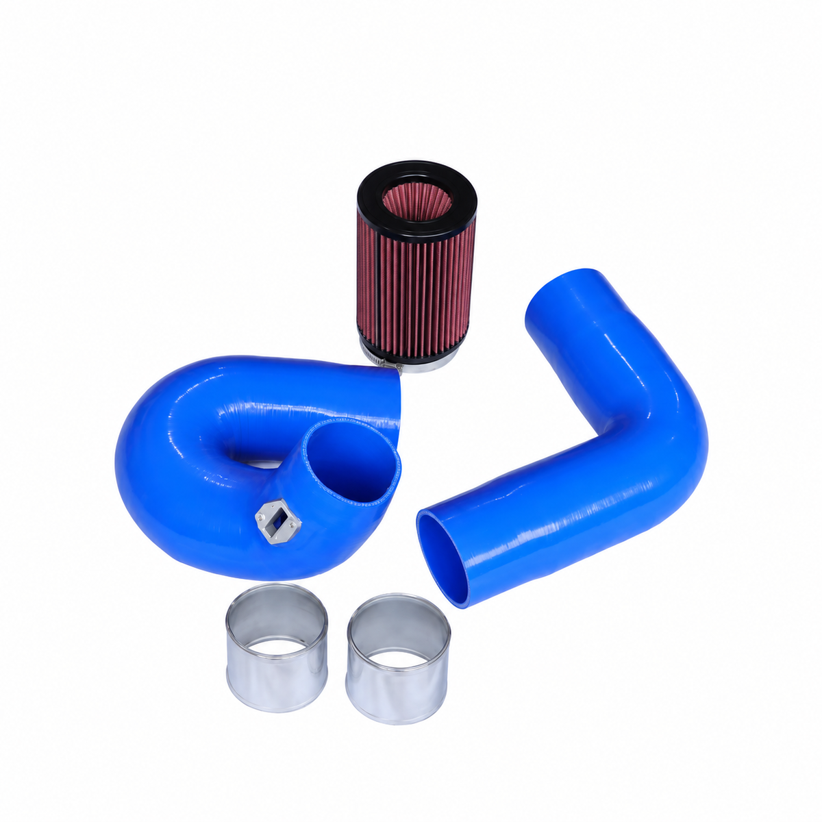 BMW G-Chassis B58 front mount cold air intake kit with blue silicone intake hoses and red high-flow air filter