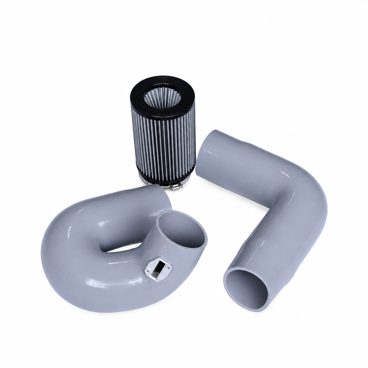 BMW G-Chassis B58 front mount cold air intake kit with gray silicone intake hoses and gray high-flow air filter