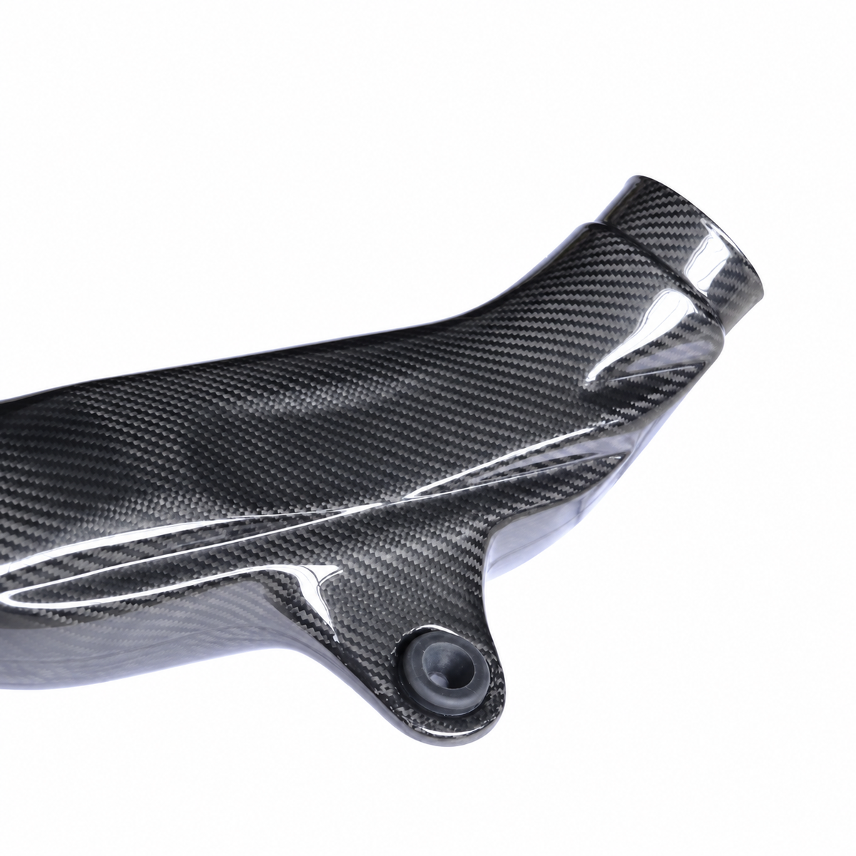 BMW M2 F87 N55 dry carbon fiber intake pipe weave mounting point and glossy finish detail