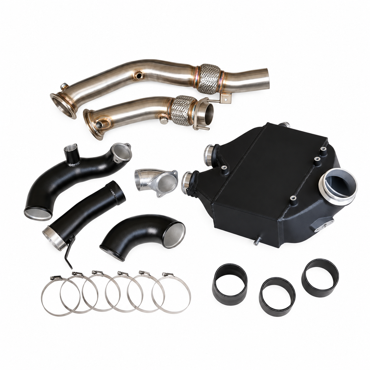 BMW M3 F80 M4 F82 F83 S55 800HP supporting hardware package with intercooler inlet pipes and catless downpipes