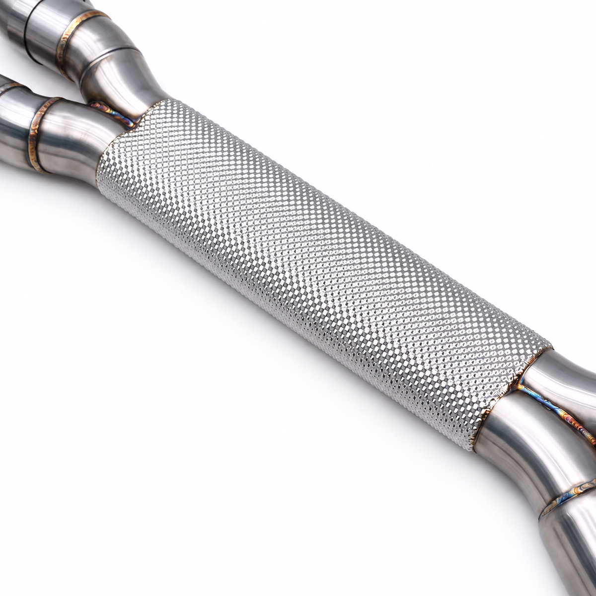 BMW M3 G80 and M4 G82 S58 single midpipe flex section detail in stainless steel