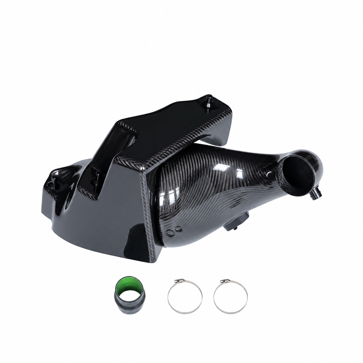 BMW M440i B58 Gen 2 carbon fiber intake system side view with molded intake housing and connection hardware