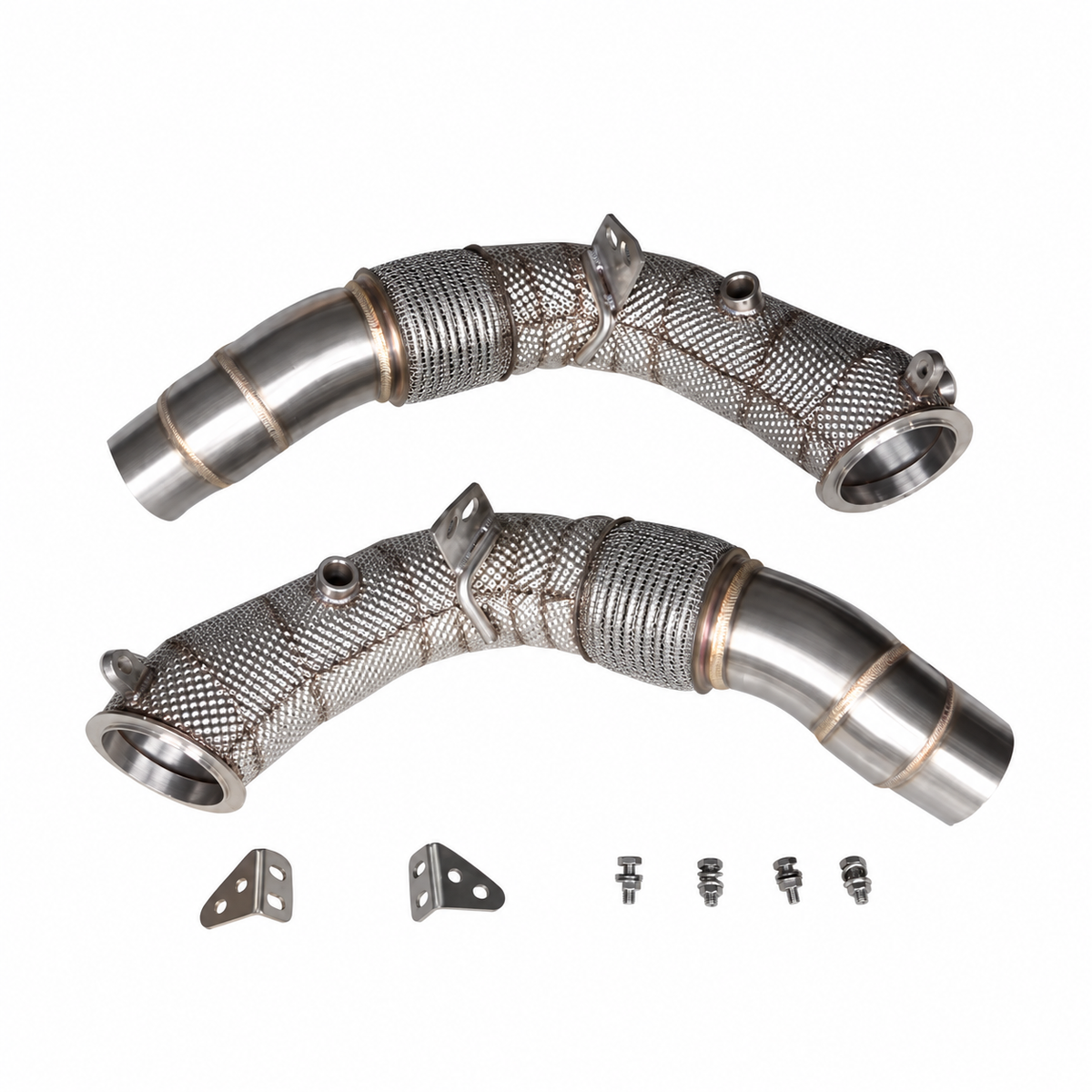 BMW M5 F10 M6 F06 F12 F13 S63 catless downpipes with heat shields and installation hardware