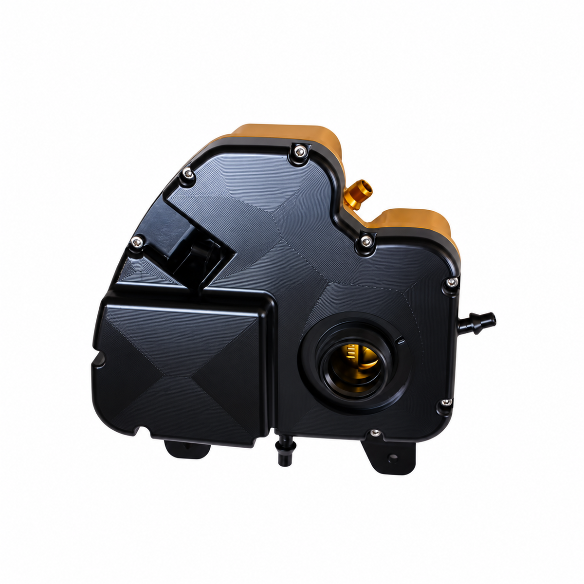 BMW M5 F90 billet coolant expansion tank front view in black and gold finish