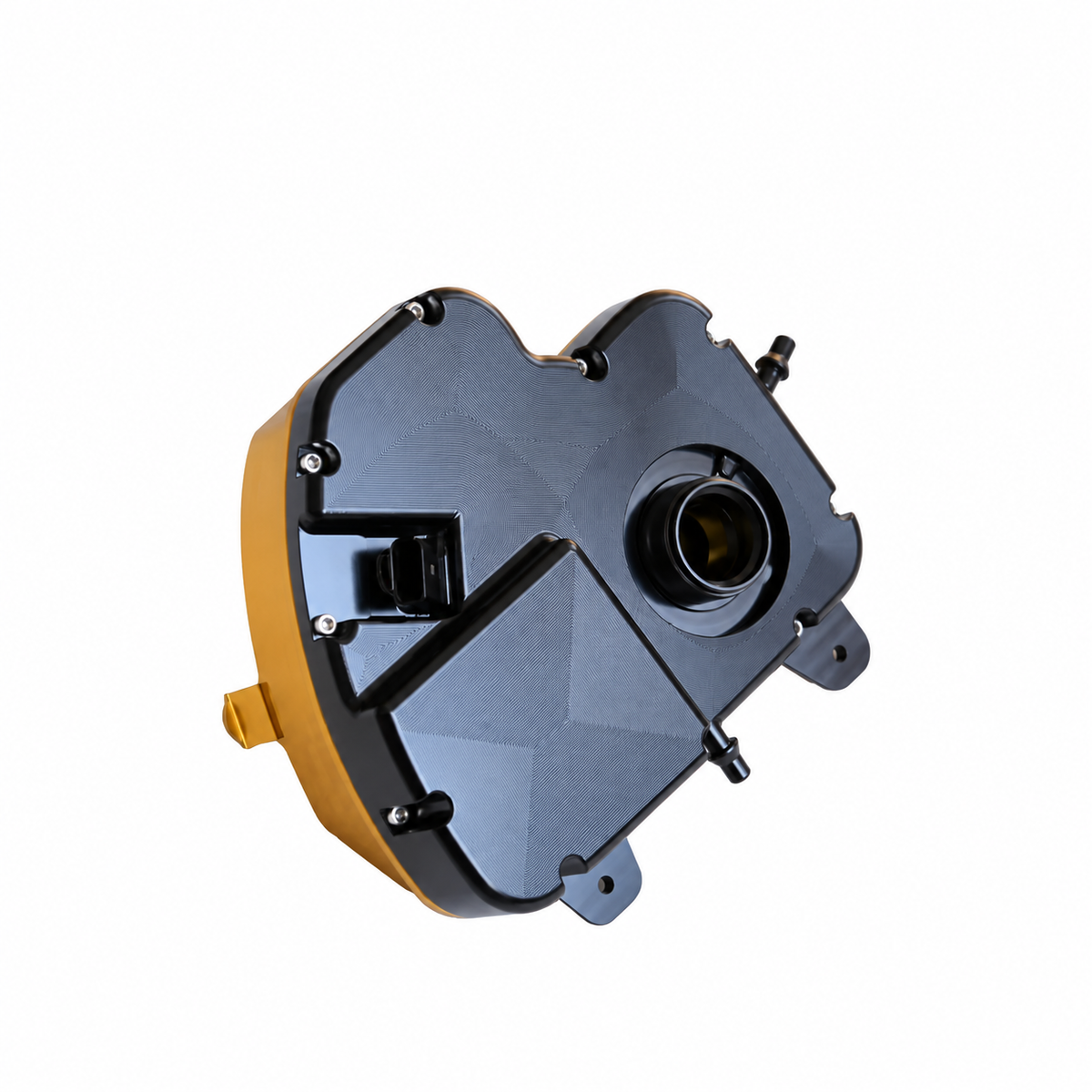BMW M5 F90 CNC billet aluminum coolant expansion tank in black and gold finish