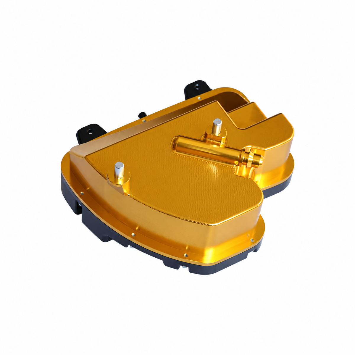 BMW M5 F90 gold billet coolant reservoir side view with machined aluminum construction