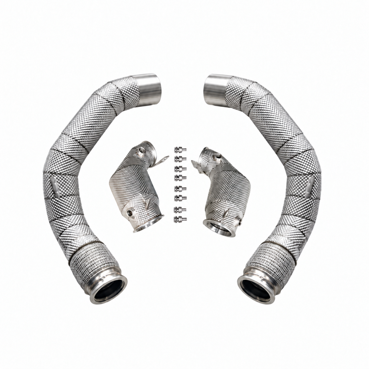 BMW M5 F90 M8 F91 F92 F93 S63 200 cell catted downpipes with heat shields and installation hardware
