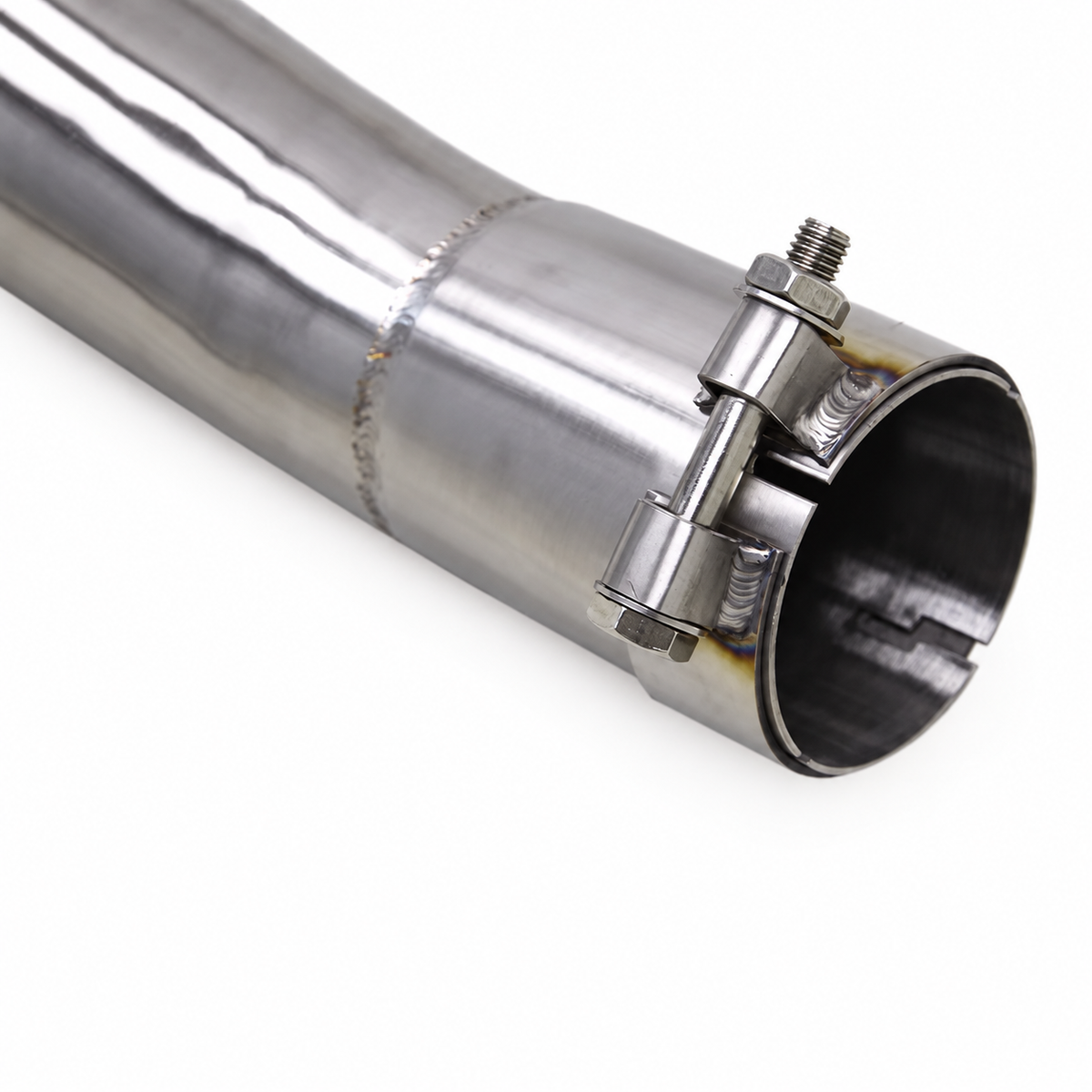 BMW M550i G30 N63 stainless steel midpipe connection and exhaust clamp detail