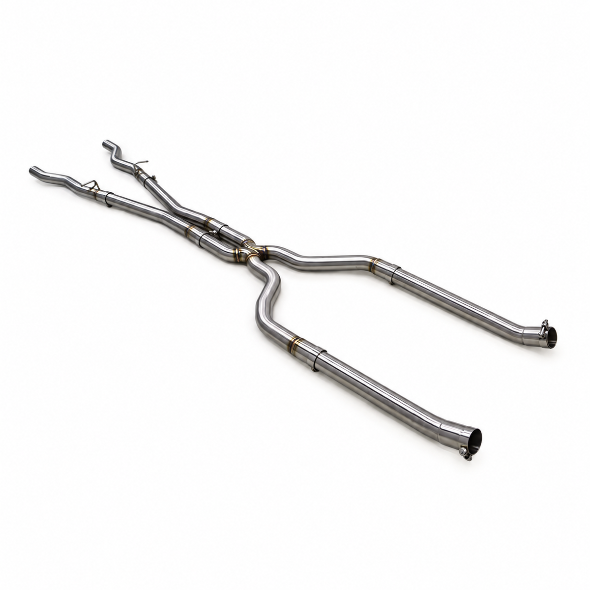 BMW M550i G30 N63 performance H-Pipe midpipe side view with dual exhaust routing