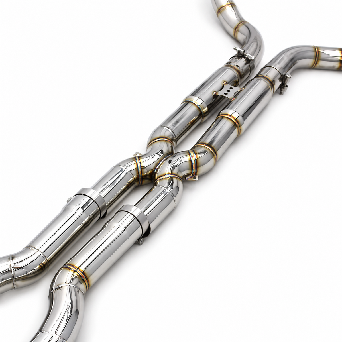 BMW M6 F06 S63 cat-back exhaust center pipework detail in stainless steel